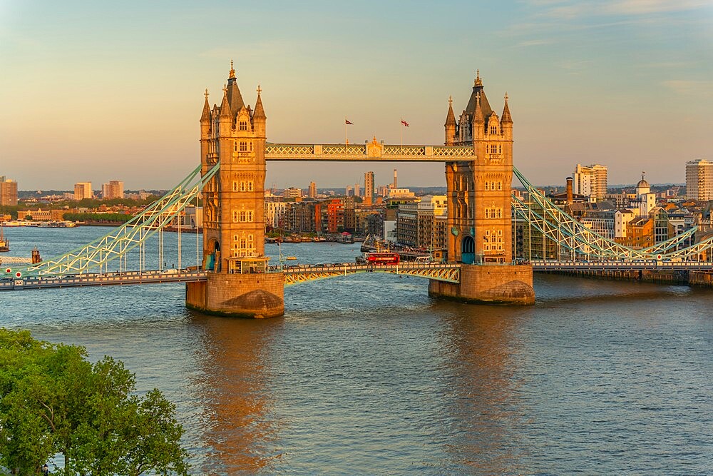 View of Tower Bridge and River Thames from Cheval Three Quays at sunset, London, England, United Kingdom, Europe