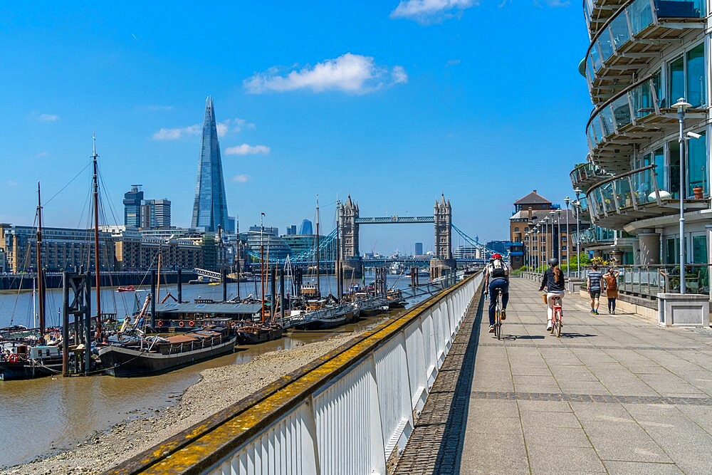 View of Tower Bridge and The Shard with Thames side apartments, London, England, United Kingdom, Europe