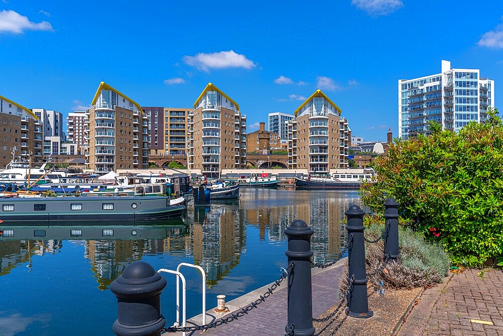 View of the marina at the Limehouse Basin, Tower Hamlets, London, England, United Kingdom, Europe