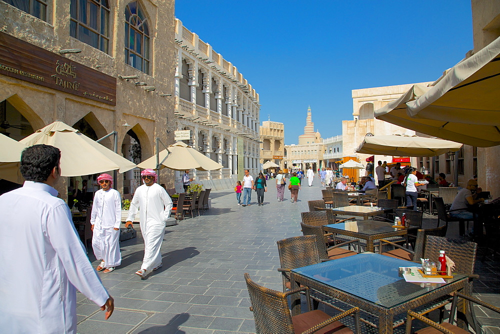 The restored Souq Waqif and Spiral Mosque of the Kassem Darwish Fakhroo Islamic Centre, Doha, Qatar, Middle East