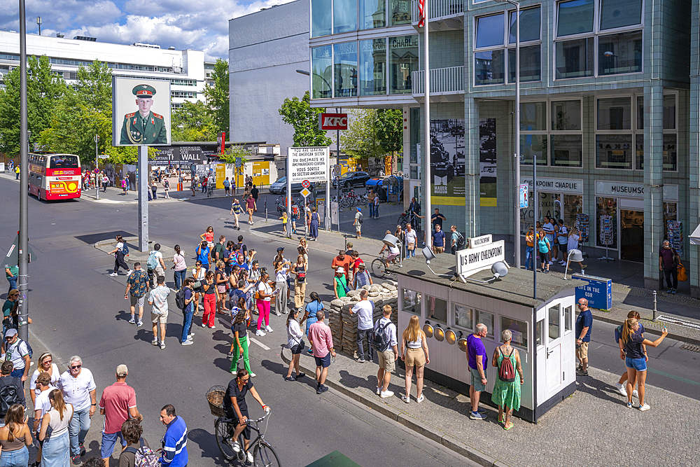 Elevated view of Checkpoint Charlie, Friedrichstrasse, Berlin, Germany, Europe