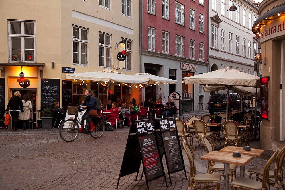 City cafe at dusk, Copenhagen, Denmark, Scandinavia, Europe