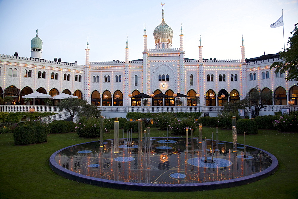 Pavilion at dusk, Tivoli Gardens, Copenhagen, Denmark, Scandinavia, Europe