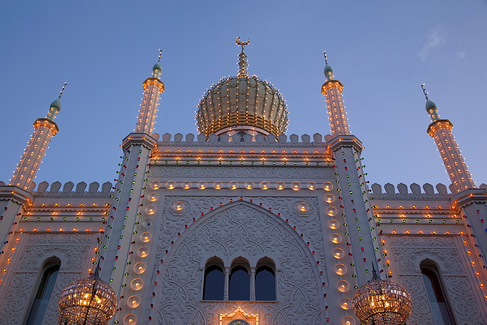 Pavilion at dusk, Tivoli Gardens, Copenhagen, Denmark, Scandinavia, Europe