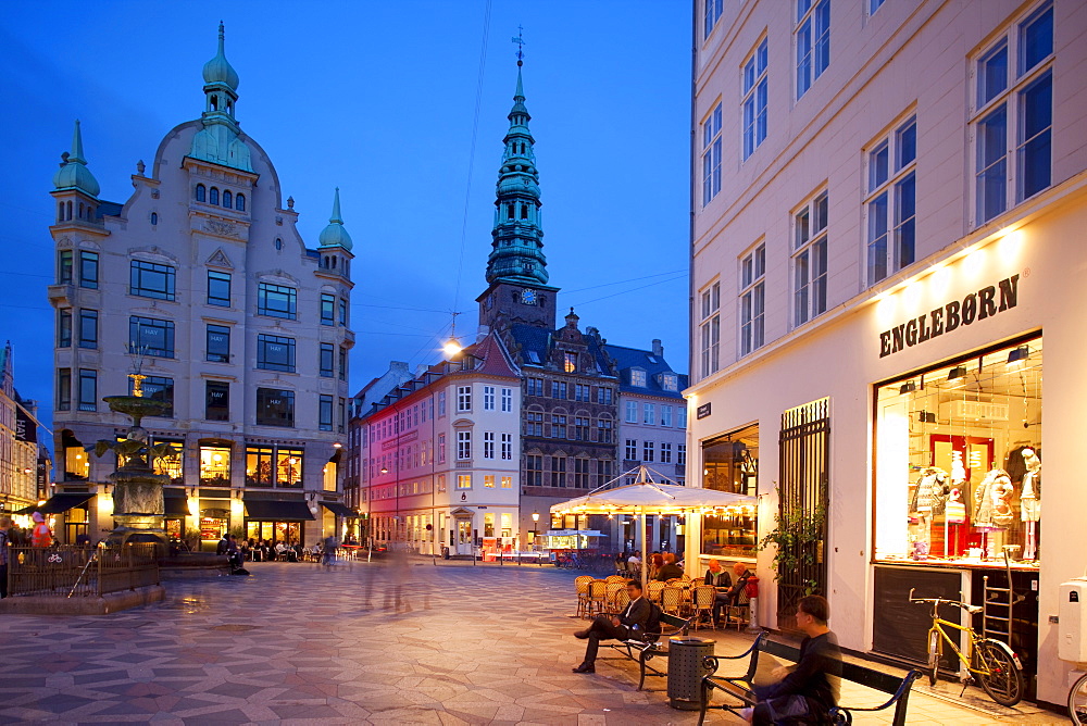 Nikolaj church and restaurants at dusk, Armagertorv, Copenhagen, Denmark, Scandinavia, Europe