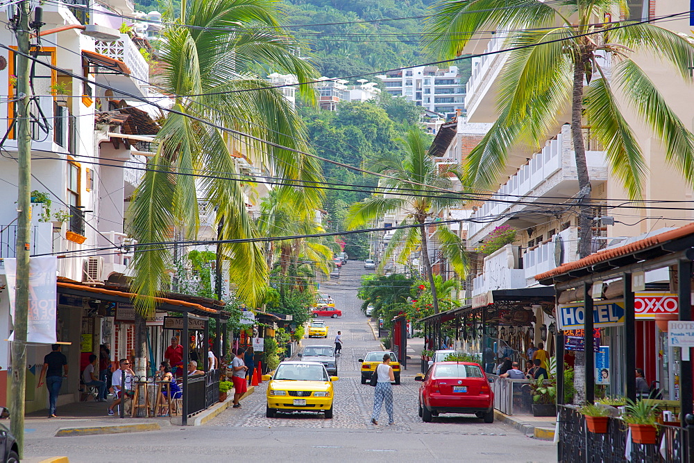 Taxis and street scene, Downtown, Puerto Vallarta, Jalisco, Mexico, North America