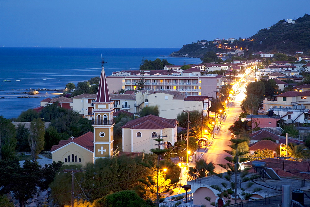 View over town at dusk, Argassi, Zante, Ionian Islands, Greek Islands, Greece, Europe