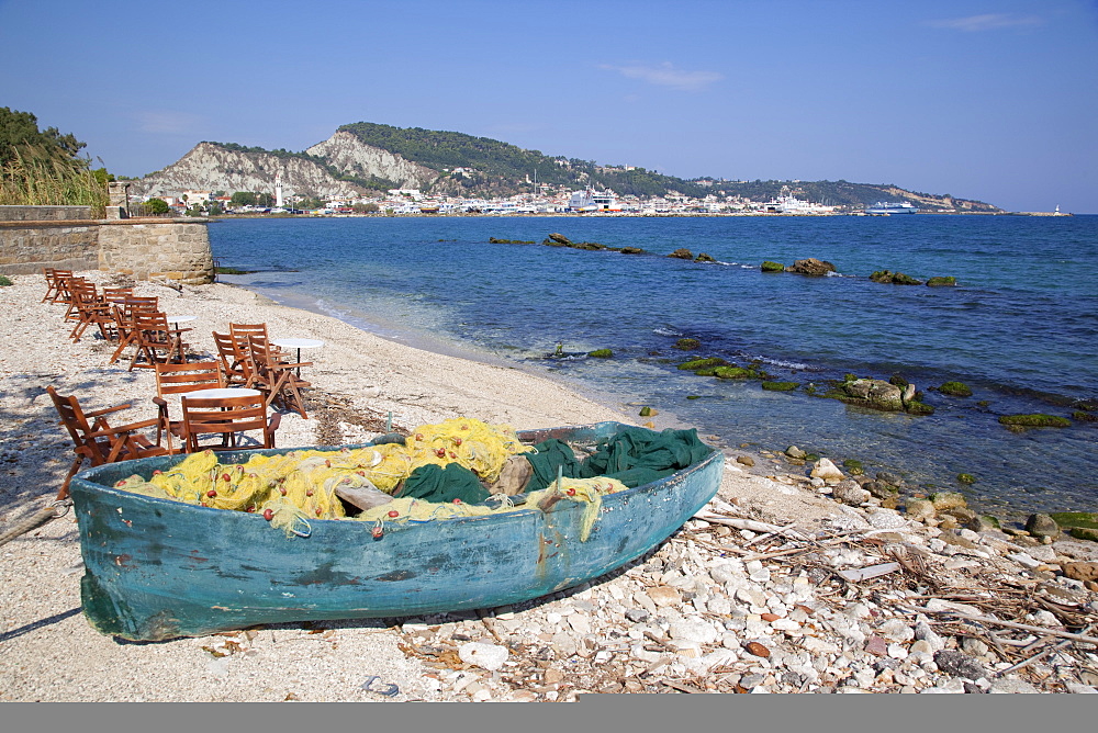 Fishing boat and town, Zakynthos Town, Zakynthos, Ionian Islands, Greek Islands, Greece, Europe