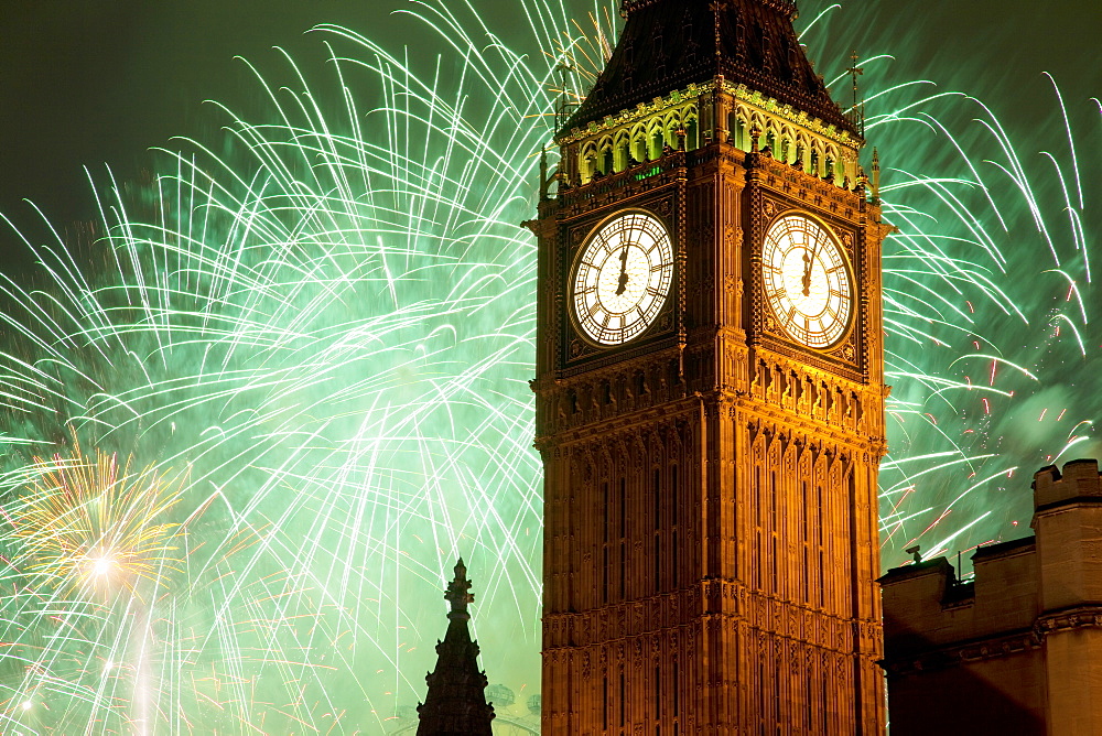 New Year fireworks and Big Ben, Houses of Parliament, Westminster, London, England, United Kingdom, Europe