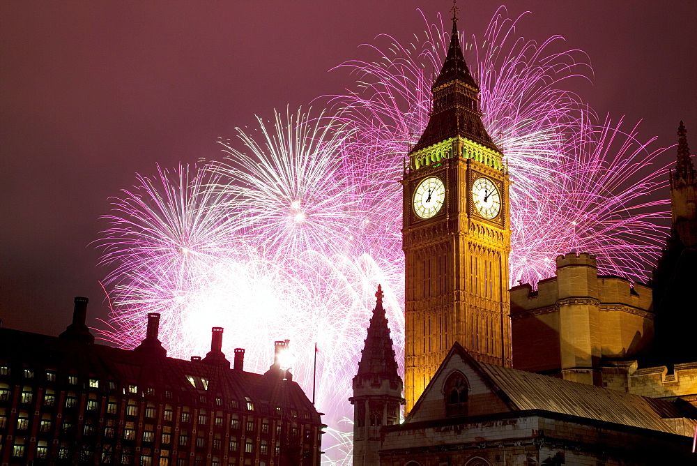 New Year fireworks and Big Ben, Houses of Parliament, Westminster, London, England, United Kingdom, Europe