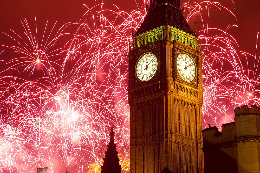 New Year fireworks and Big Ben, Houses of Parliament, Westminster, London, England, United Kingdom, Europe