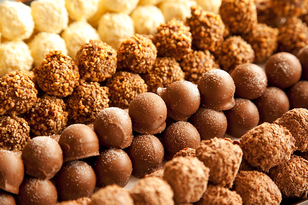 Rows of chocolates in a French cafe, France, Europe