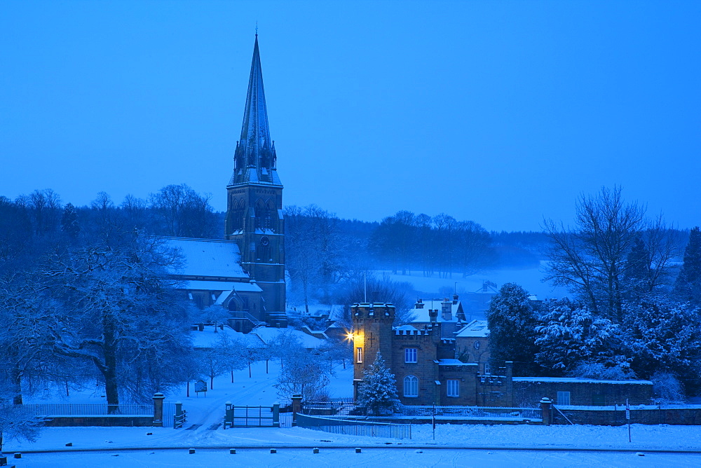 Edensor village and church in winter, Chatsworth Estate, Derbyshire, England, United Kingdom, Europe