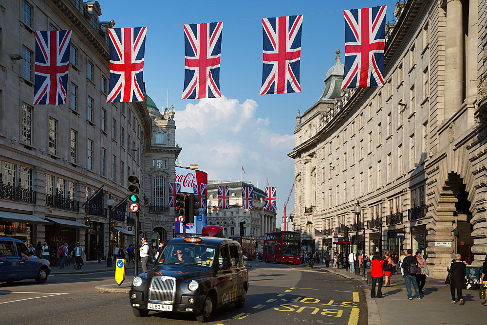 Union Jacks on Regent Street, London, England, United Kingdom, Europe