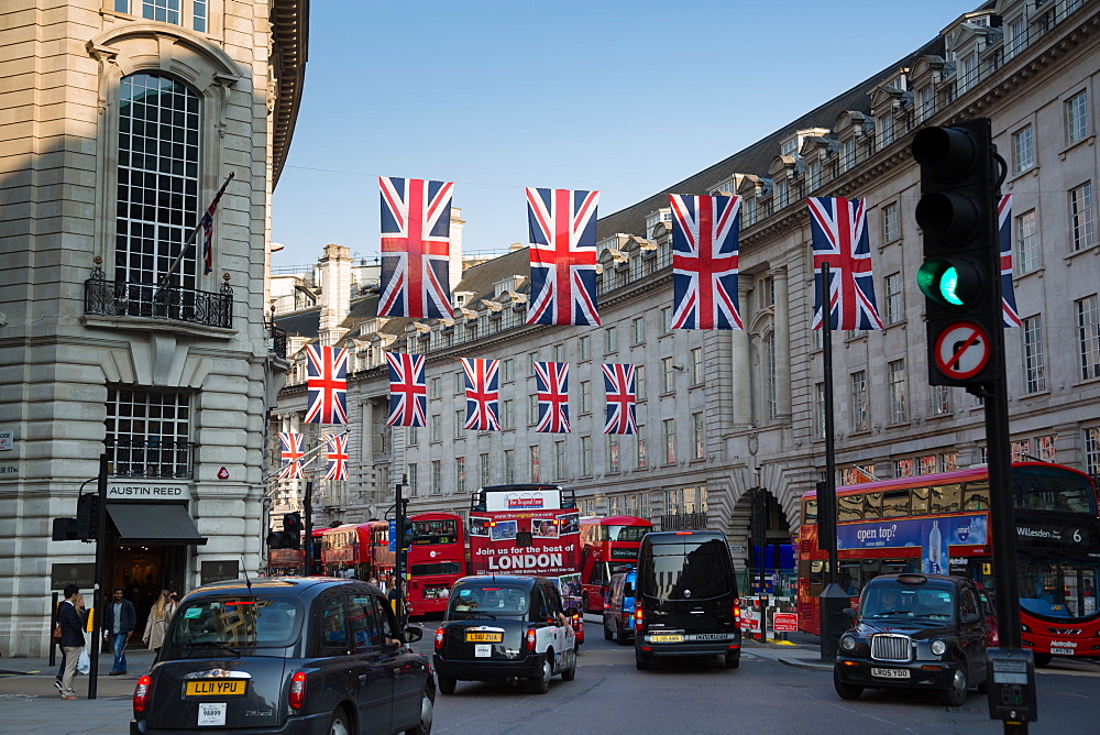 Union Jacks on Regent Street, London, England, United Kingdom, Europe