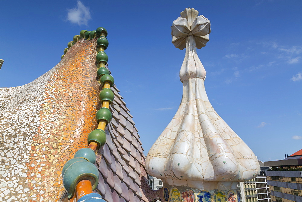 Rooftop of Antoni Gaudi's Casa Batllo building, UNESCO World Heritage Site, Barcelona, Catalonia, Spain, Europe