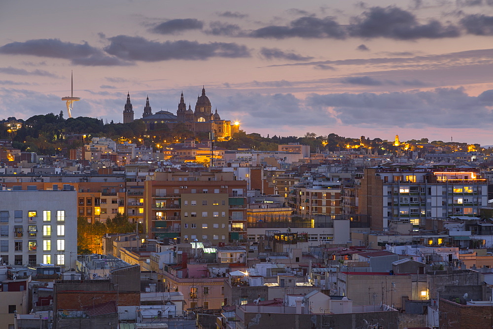 View of Barcelona at dusk, Barcelona, Catalonia, Spain, Europe