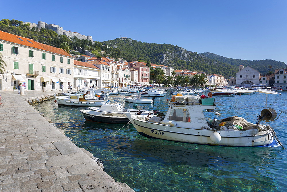 Harbour and Spanish Fortress, Hvar, Hvar Island, Dalmatia, Croatia, Europe