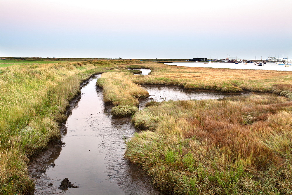 Aldeburgh Marshes and Slaughden Quay at dusk, Suffolk, England, United Kingdom, Europe