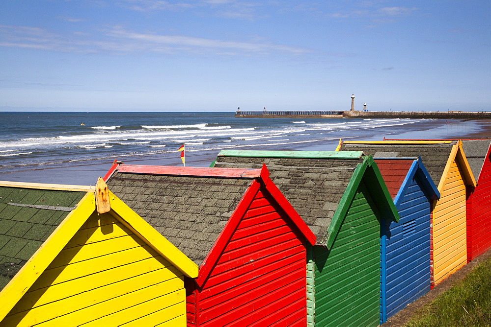 Beach huts at Whitby Sands, Whitby, North Yorkshire, Yorkshire, England, United Kingdom, Europe