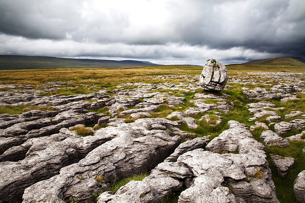 Limestone Pavement and Standing Stone,Twisleton Scar, Yorkshire Dales, North Yorkshire, Yorkshire, England, United Kingdom, Europe