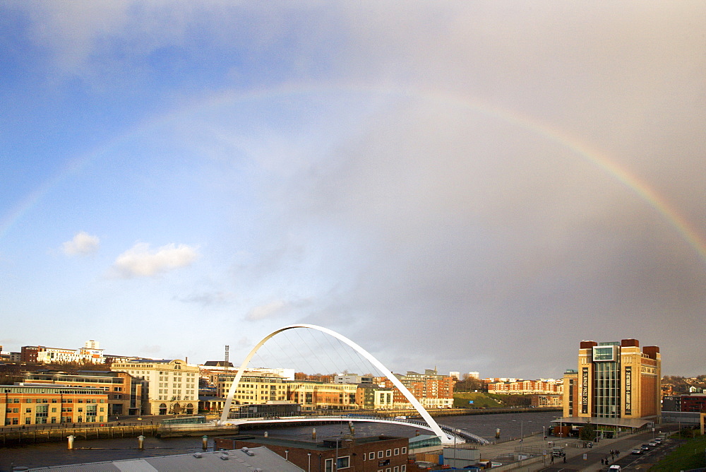 Rainbow over the Millennium Bridge, Gateshead, Tyne and Wear, England, United Kingdom, Europe