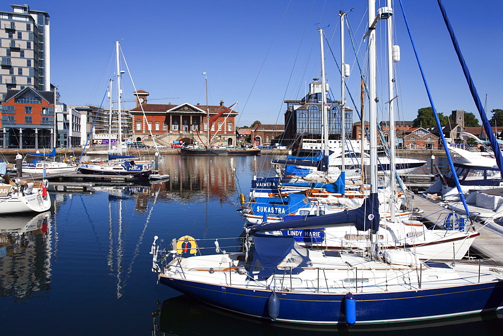 Yachts at Ipswich Haven Marina and the Old Custom House, Ipswich, Suffolk, England, United Kingdom, Europe