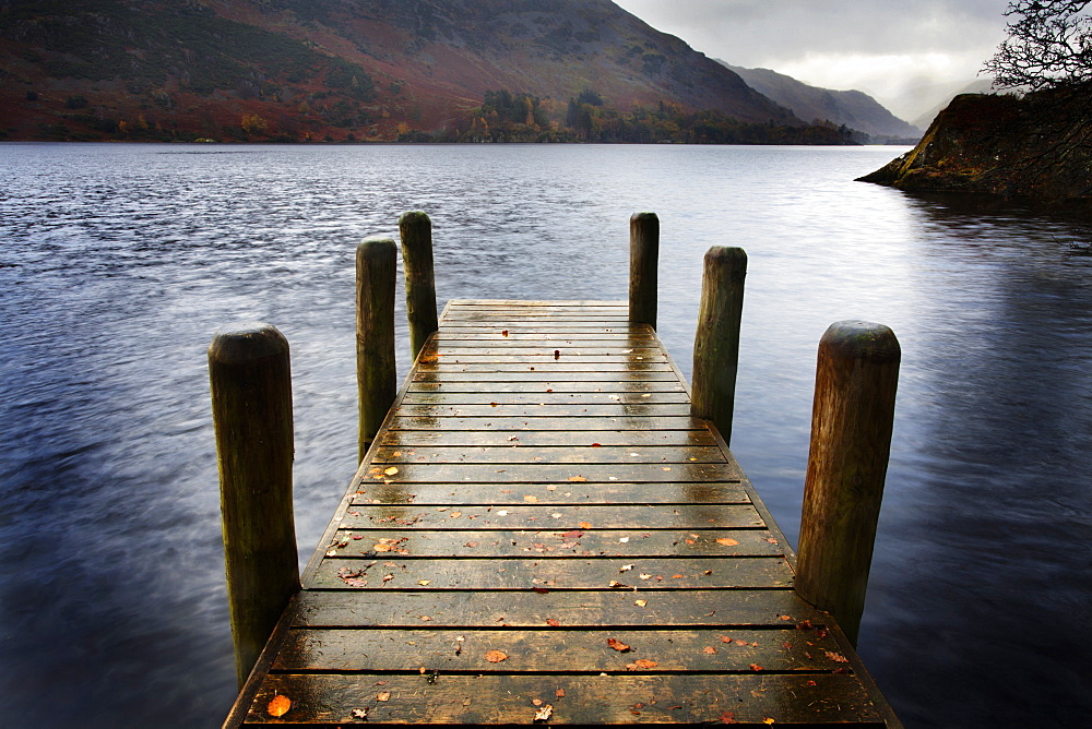 Landing stage in autumn at Mossdale Bay, Ullswater, Lake District National Park, Cumbria, England, United Kingdom, Europe 