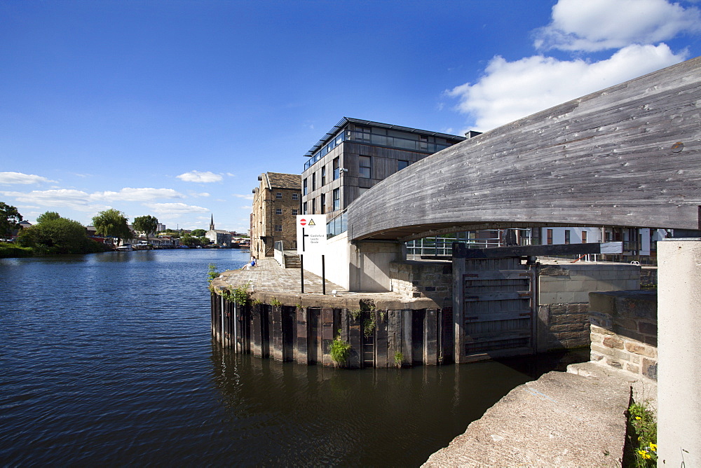 Wakefield Waterfront and entrance to Calder and Hebble Navigation Flood Lock, Wakefield, West Yorkshire, Yorkshire, England, United Kingdom, Europe 