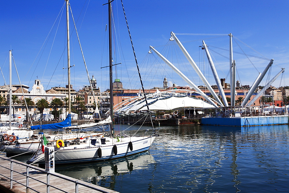 Boats and the Bigo at the Old Port in Genoa, Liguria, Italy, Europe