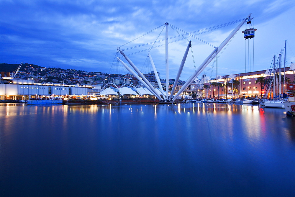 The Bigo with lift raised in the Old Port at dusk, Genoa, Liguria, Italy, Europe