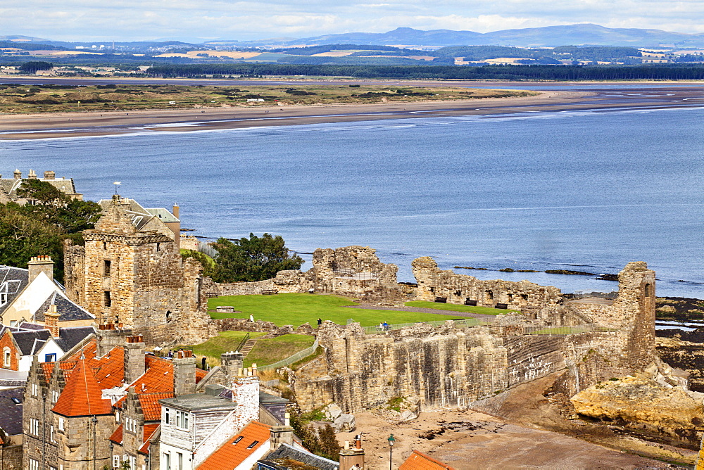 St. Andrews Castle and West Sands from St. Rules Tower at St. Andrews Cathedral, St. Andrews, Fife, Scotland, United Kingdom, Europe 