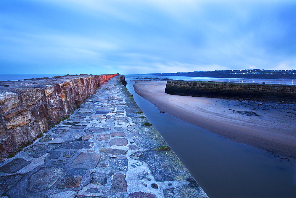 Pier at St. Andrews Harbour before dawn, Fife, Scotland, United Kingdom, Europe 