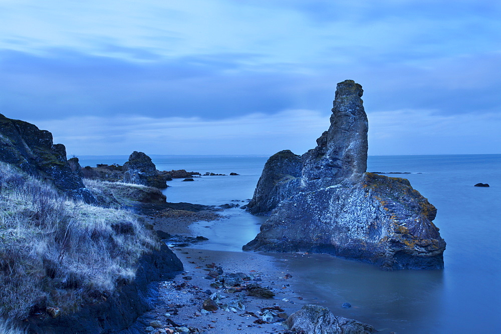 Rock and Spindle at dusk on the Fife Coast near St. Andrews, Fife, Scotland, United Kingdom, Europe 