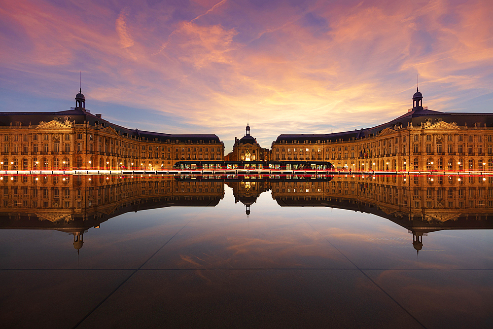 Place de la Bourse reflected in the Water Mirror at sunset, Bordeaux, Nouvelle Aquitaine, France, Europe