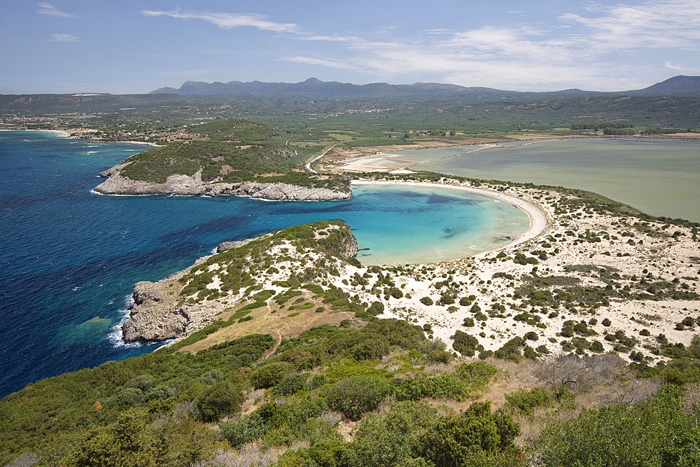 Horseshoe-shaped Voidokilias beach viewed from Old Navarino fortress, Costa Navarino, near Pylos, Messenia, Peloponnese, Greece, Europe