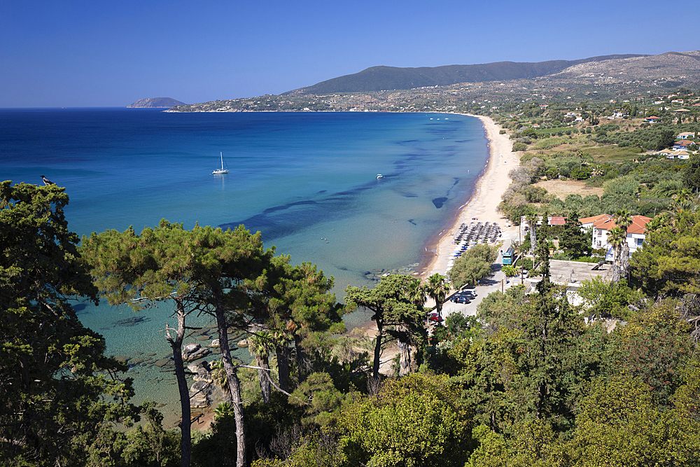 View along Zagka beach from castle walls, Koroni, Messenia, Peloponnese, Greece, Europe