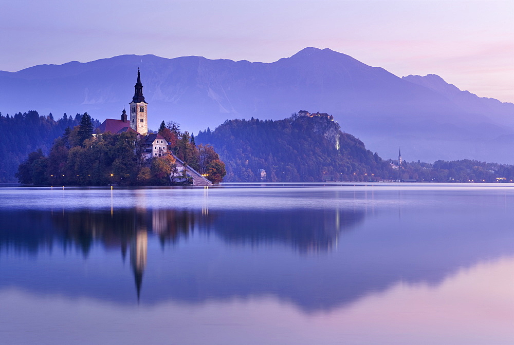 Blejski Otok Island on Lake Bled at dawn in autumn, Bled, Gorenjska, Slovenia, Europe