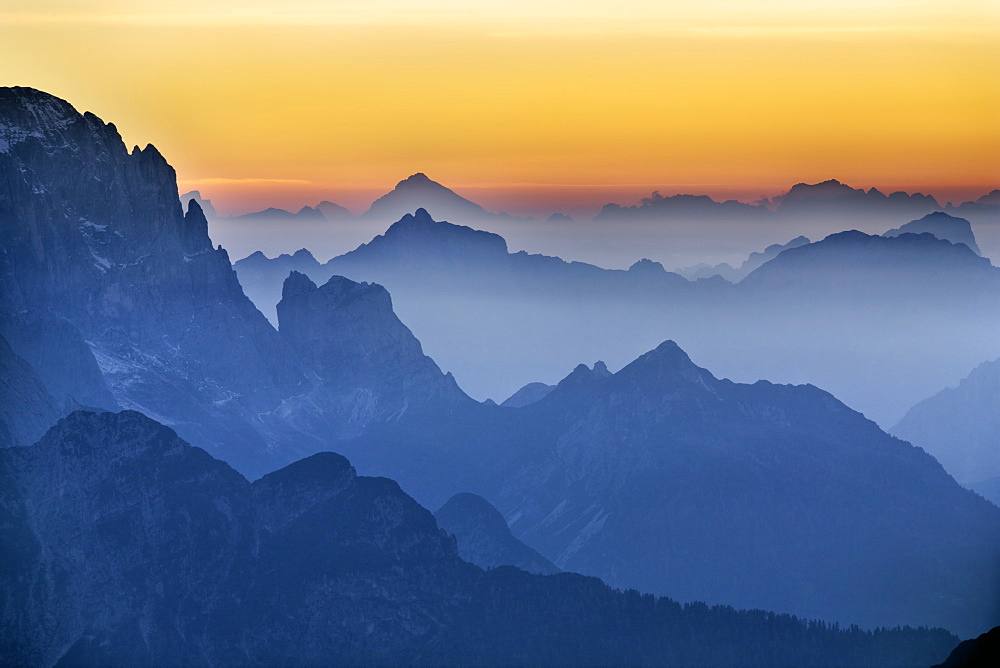 Sunset over the Julian Alps from Mangart, Goriska, Slovenia, Europe