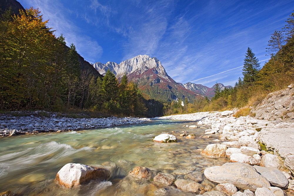 Autumn at the Soca River in the Julian Alps, Gorenjska, Slovenia, Europe