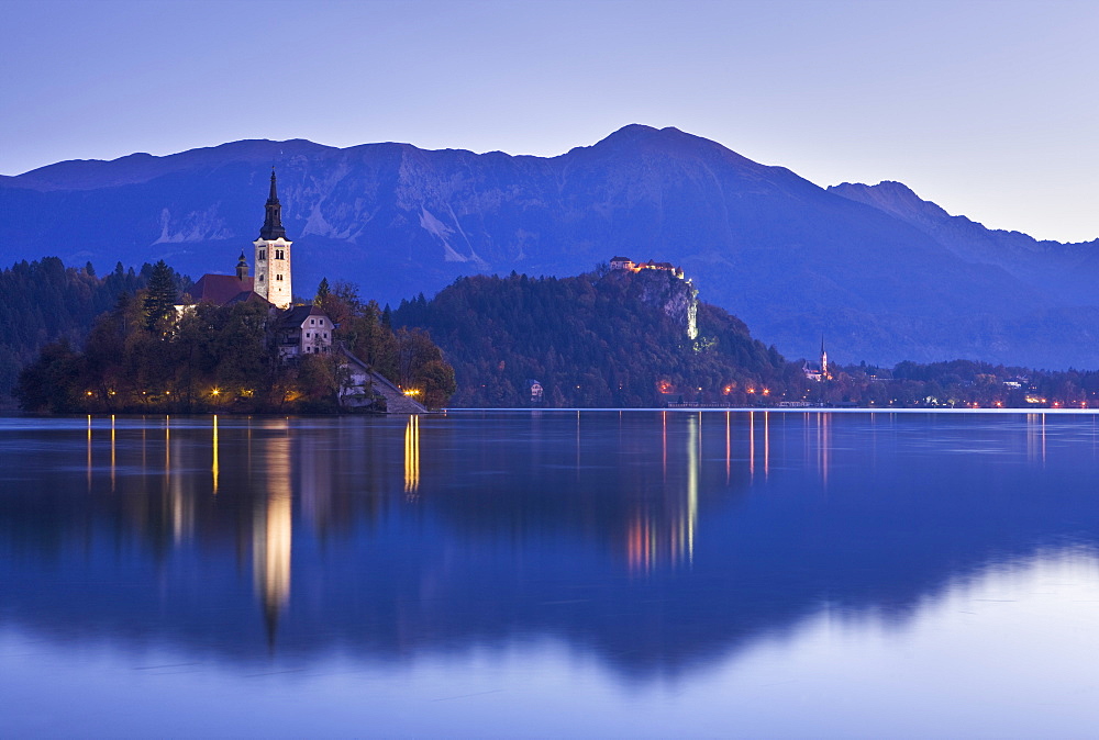 Blejski Otok Island on Lake Bled at dawn in autumn, Gorenjska, Slovenia, Europe