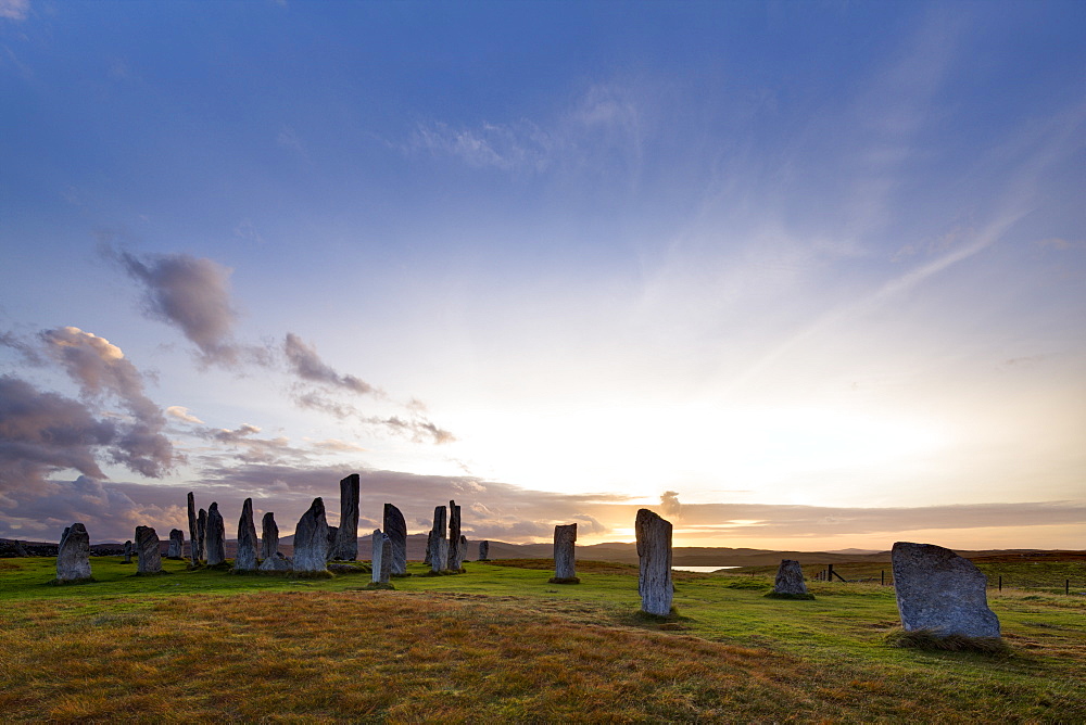 Sunset at Callanish stone circle on the Hebridean island of Lewis, Outer Hebrides, Scotland, United Kingdom, Europe