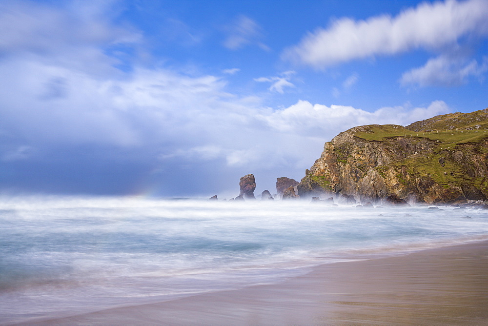 Sea stacks, stormy clouds and rough seas on a windy afternoon at Dalmore Bay on the Isle of Lewis, Outer Hebrides, Scotland, United Kingdom, Europe