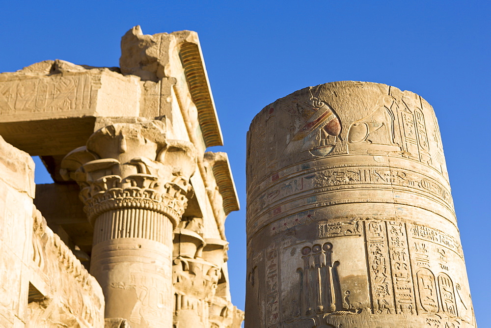 Painted pillar and Pronaos at the Temple of Sobek and Haroeris, Kom Ombo, Egypt, North Africa, Africa