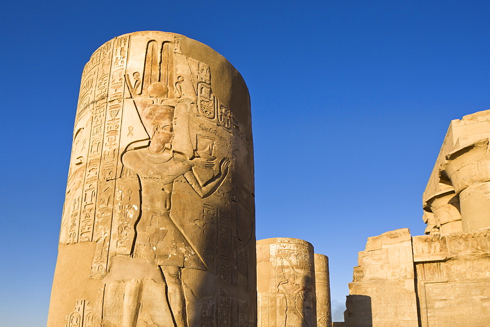 Painted pillars at the Temple of Sobek and Haroeris, Kom Ombo, Egypt, North Africa, Africa