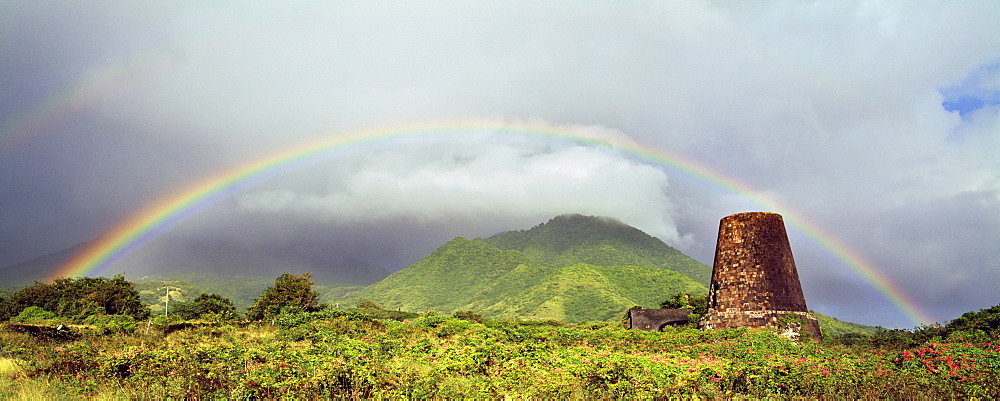 Rainbow over the Coconut Walk sugar mill ruins on the Island of Nevis, Leeward Islands, West Indies, Caribbean, Central America