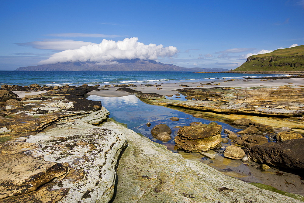 View across the Sound of Rum from the Singing Sands, Isle of Eigg, Scotland, United Kingdom, Europe