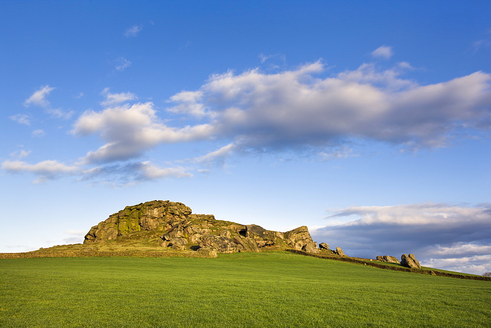 Evening light on Almscliff Crag in Spring, North Yorkshire, Yorkshire, England, United Kingdom, Europe