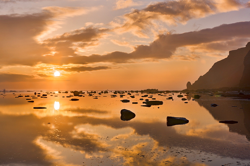 Winter sunrise at Saltwick Bay, North Yorkshire, Yorkshire, England, United Kingdom, Europe