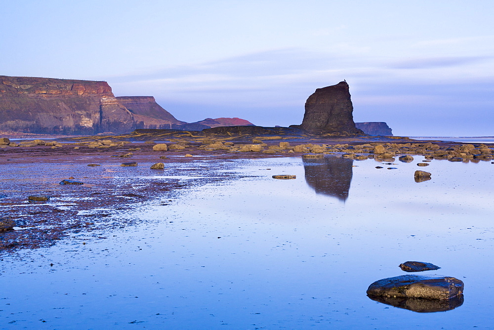 Early morning light on Black Nab and the cliffs of Saltwick Bay, North Yorkshire, Yorkshire, England, United Kingdom, Europe